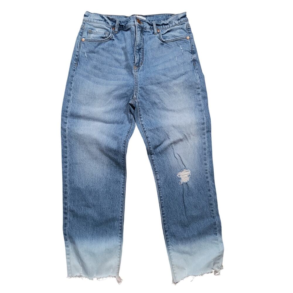 Loft Distressed Straight Leg Raw Hem Crop Jeans Women's Size 4 Ombre Denim